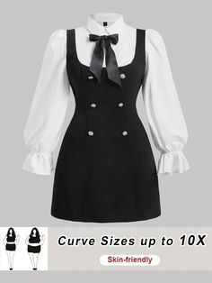 Plus Size Bow Front Flounce Sleeve 2 In 1 Dress Black and White Elegant  Long Sleeve Woven Fabric Plain A Line Medium Stretch  Women Plus Clothing, size features are:Bust: ,Length: ,Sleeve Length: 2 In 1 Dress, Cute Black Dress, Lace Trim Shorts, 21st Dresses, Flounce Sleeve, Overall Dress, Padded Jacket, Dress With Bow, Hair Accessories For Women