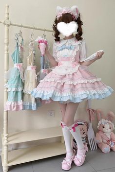 Process Time: Could be shipped out in 5-7 working days. Fabric: Polyester Color: Blue, Pink, Green, Yellow Feature: Multi-layer, Ruffle, Bowknot Style: Sweet I Blue And Pink Outfit, Dress Apron, Punk Dress, Pink Green Yellow, Maid Dress, Fashion Inspiration Design, Sweet Lolita