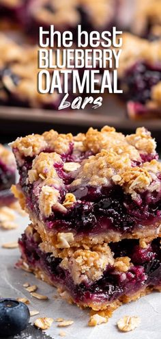 the best blueberry oatmeal bars are stacked on top of each other