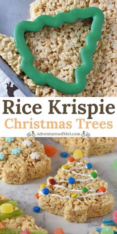 rice krispie christmas tree cookies with green frosting and candy on the top one is cut in half