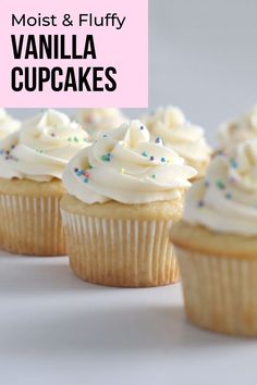 vanilla cupcakes with white frosting and sprinkles