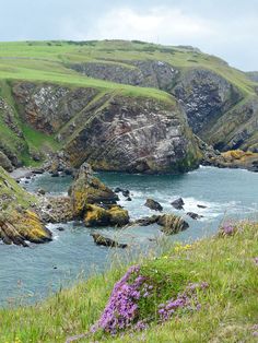 the sheep is grazing on the grass by the water's edge near some cliffs