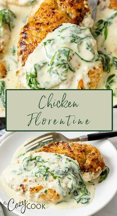 chicken breast topped with a cream sauce and spinach. Chicken And Spinach Dishes, Ways To Season Vegetables, Simple Chicken Dish, Karissa Barker Meals Made Simple, Dinner While Pregnant, Food And Drink Dinner, Date Food Ideas, Meals Under 30 Minutes, Cultural Recipes