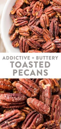 a white bowl filled with roasted pecans on top of a table