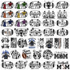 a large group of different sports logos with the names of each team and their mascots