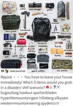 the contents of a backpack are displayed on a white background with words written below it