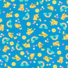 a blue background with yellow pokemon and rainbows on the bottom, and flowers in the middle