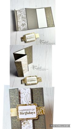 three different images of cards with gold foil on them and the words happy birthday written in white