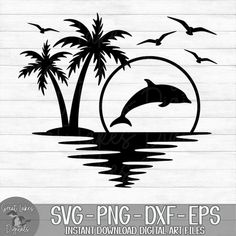 dolphin jumping out of the water with palm trees and birds in the background, svg - png