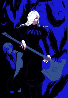 an image of a woman holding a guitar in front of some black birds on a blue background