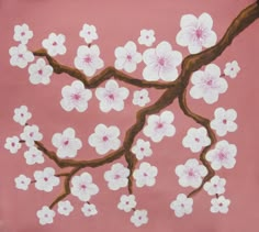 a painting of white and pink flowers on a light pink background with brown branches in the foreground