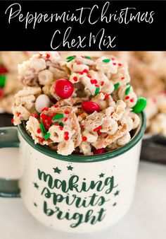 peppermint christmas chex mix in a mug with the words making spirits bright on it