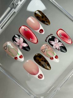 Lowkey Valentines Day Nails, Berry Nail Art, 3d Flowers On Nails, Handmade Press On Nails, Cherries Nails, Flowers On Nails, 3d Flower Nail Art, Cherry Nail, Nails Floral