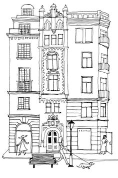 a black and white drawing of a building with people walking in the street below it