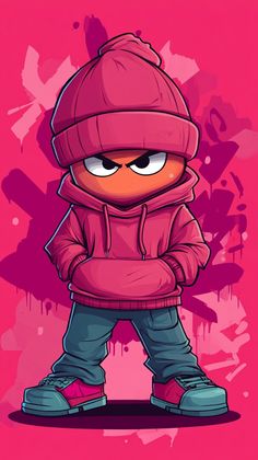 a cartoon character wearing a pink hoodie and blue jeans, standing in front of graffiti