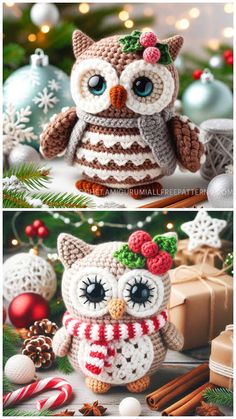 crocheted owl with christmas decorations on it's head, and an image of the