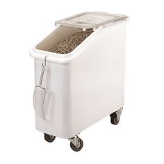 a large white cooler with wheels and a scoop full of food on the bottom shelf