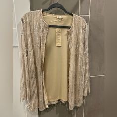 This Is A Brand New, Sequin Jacket. Color Is A Beautiful Champagne Color With A Silver Zipper. Size Xxl. Silver Sequined Outerwear For Fall, Silver Long Sleeve Outerwear For Spring, Silver Long Sleeve Outerwear For Night Out, Lee Jacket, Royal Blue Blazers, Long Sleeve Layering, Field Coat, Black Shawl, Cropped Blazer Jacket