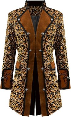 a brown and black jacket with gold designs on the front, along with a black shirt underneath