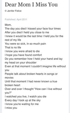 a text message with the words dear mom i miss you written in black and white