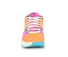 an orange and pink shoe with white laces