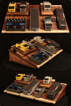 two wooden trays with different types of electronic devices on them