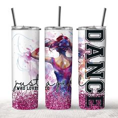 three different colored tumbles with the words dance painted on them and one is holding a straw