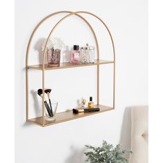 a shelf with two shelves holding cosmetics and other items on it, along with a potted plant