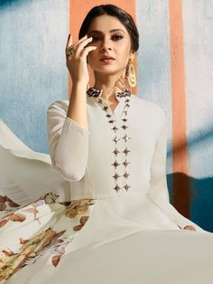 Cream thread embroidered dress online which is crafted from georgette fabric. Plait Styles, Anarkali Tops, Jennifer Winget Beyhadh, Latest Salwar Suits, Eid Festival, Style Kurti, Embroidered Anarkali, Festival Shop, Beautiful Suit