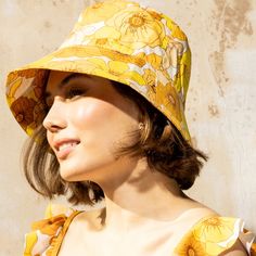 Paloma - Bucket Hat - Sunset Floral Spring/summer Visor Bucket Hat, Retro Visor Hats For Spring, Yellow Sun Hats For Spring, Spring Sun Hat, One Size Fits Most, One Size Fits Most Sun Hat For Spring, Retro Beach Hats For Spring, Yellow Summer Visor Hat, Yellow Summer Bucket Hat For Spring, Retro Sun Hat For Spring