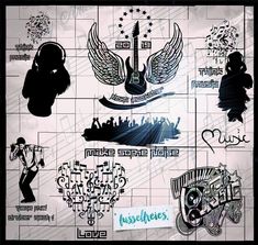 various stickers and decals on a wall with the words music written in different languages