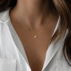 A beautiful and delicate necklace featuring pavé stones shaped as a square makes this a super versatile piece. It layers beautifully and also looks great on its own! Made of 925 Sterling Silver THICK plating of 14k Gold or Rhodium 16" + 3" Extension Chain Nickel-free & Hypoallergenic 5x5mm Pendant We use the highest grade cubic zirconia for an authentic diamond look! Aesthetic Jewellery, Square Necklace, Square Stone, Silver Chains, Rose Gold Chain, Delicate Necklace, Necklace Sizes, Precious Metals, Silver Necklaces