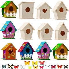 several bird houses with different designs and colors