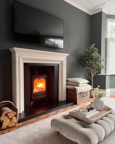 a living room filled with furniture and a fire place next to a flat screen tv