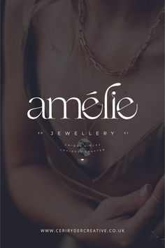 an advertisement for amelie jewelry featuring a woman's chest and hand holding a purse