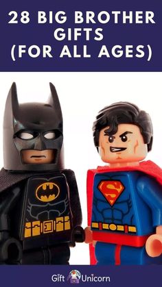 two lego batmans standing next to each other in front of a white background with the words