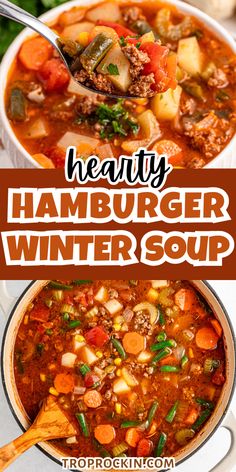 healthy hamburger winter soup in a white bowl