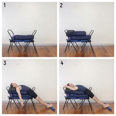 four photos of a person laying on a chair with their head in his hands, and the other showing how to stretch out