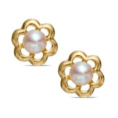 This child's 2.5mm cultured freshwater pearl flower stud earrings are set in 14K yellow gold. The earrings secure with screwbacks. Banter by Piercing Pagoda will donate $1 from the sale of each Kids' Jewelry item, up to a maximum of $50,000*, to Children Incorporated for its Hope in Action Fund which supports children and families in emergency situations, in times of extreme hardship due to health challenges, and when families are unable to pay for school activities for their children.