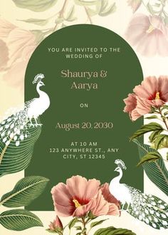 a wedding card with flowers and peacocks on the front, in shades of green