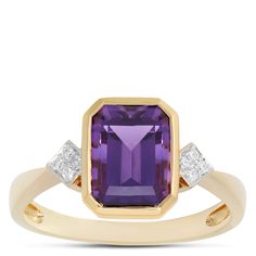 A perfectly polished octagon amethyst glimmers with a royal purple vibrancy flanked on both sides by a cluster of sparkling diamonds. The semi-bezel settings create the subtle border and complement the gemstones perfectly with 14k yellow gold. The timeless style is versatile and elegant, made with quality to wear and love for a lifetime. Elegant Asscher Cut Purple Ring, Elegant Purple Asscher Cut Ring, Elegant Purple Asscher-cut Ring, Octagon Diamond Ring With Gemstone Accents, Fine Jewelry Purple Octagon Rings, Elegant Amethyst Octagon Ring, Elegant Octagon Amethyst Rings, Purple Diamond Gemstones With Accent Stones, Elegant Purple Amethyst Baguette Cut Ring