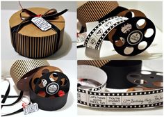 four pictures of different types of film reels with ribbons and tags attached to them