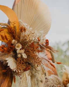 an arrangement of dried flowers and feathers on display