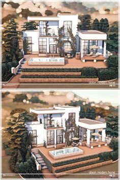 two renderings of a house with trees in the front and side views on each