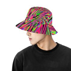 Rave inspired all over print psychedelic abstract bucket hat by BigTexFunkadelic that is reversible; the flip side is solid black. Made from premium cotton, this classic accessory adds another layer of cool to your outfit.• 9.00 Oz. Made from premium cotton.• Eyelets for breathability.• Size(approx): Brim: 2.44", Side: 3.00", Perimeter(top): 21.26", Perimeter(brim): 34.65".• Please wash it gently by hand for keeping its shape. Fun Black Bucket Hat For Spring, Trendy Festival Bucket Hat, Multicolor Bucket Hat For Summer Streetwear, Casual Bucket Hat For Music Festival, Trendy Multicolor Bucket Hat, Trendy Multicolor Hat For Streetwear, Trendy Multicolor Streetwear Hats, Trendy Bucket Hat For Music Festival, Casual Bucket Hat With Curved Brim For Music Festival