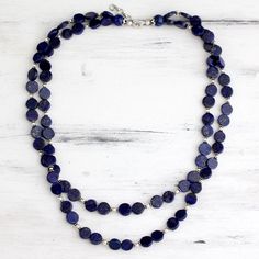 Lapis lazuli strand necklace - Blue Universe | NOVICA Blue Universe, Lapis Lazuli Jewelry, Lapis Lazuli Necklace, Double Strand Necklace, Silver Bead Necklace, Beaded Anklets, Necklace Blue, Pearl Earrings Dangle, Necklace Sizes