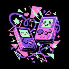 an image of two game controllers with faces drawn on them in neon colors and shapes