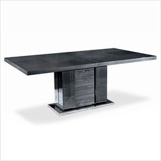 a black and grey table with two silver squares on the top, in front of a white background