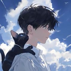 a man holding a black cat on his shoulder in front of blue sky with clouds