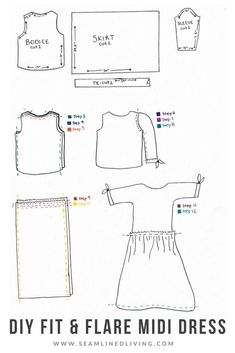 the front and back view of a sewing pattern for a dress